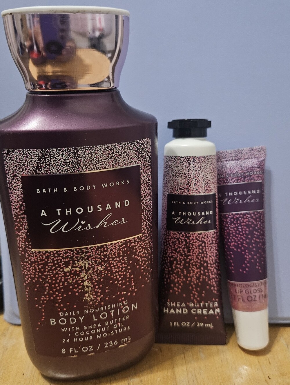 Bath & Body Works A Thousand Wishes Lotion, Hand Cream & Lip Gloss - Plum, Gold